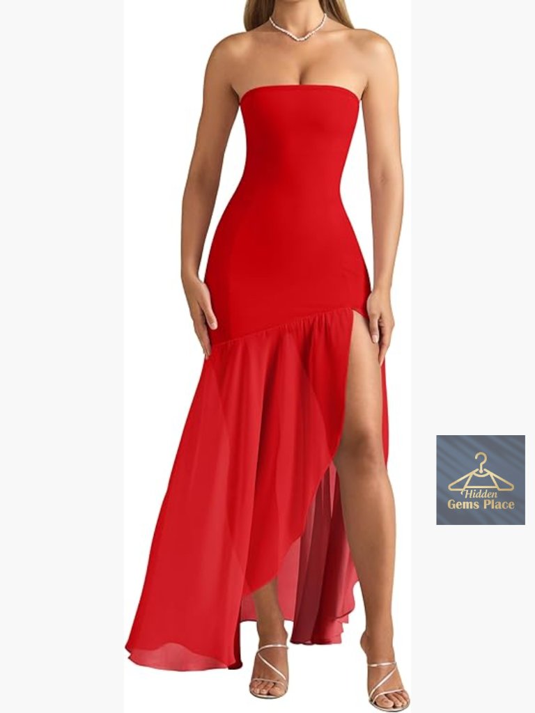 Strapless Maxi Bodycon Dress With Mesh Fishtail Hem And High Slit